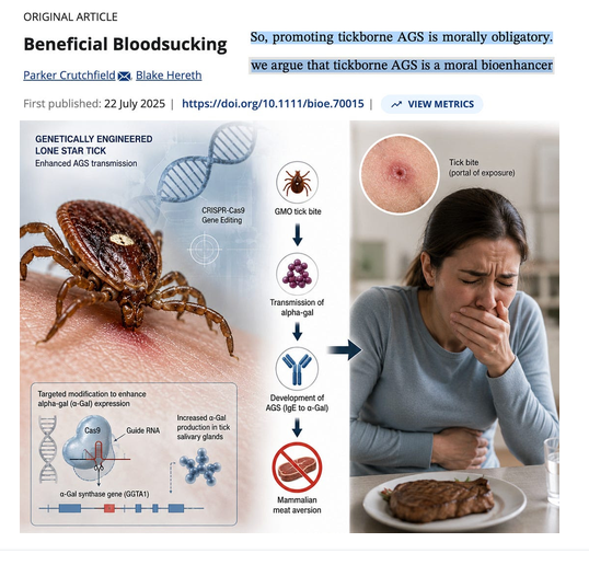 FabioFranchi1's tweet photo. Le nuove frontiere dell’etica medica: il BIO-POTENZIAMENTO!
Poiché è moralmente insostenibile mangiare carne, sostiene Parker Crutchfield, allora sarebbe giusto modificare geneticamente delle ZECCHE e promuovere la diffusione dell’AGS (sindrome alfa-gal) da loro trasmessa. Anzi sarebbe un OBBLIGO MORALE.
"La sindrome alfa-gal (AGS) è una condizione il cui unico effetto è la creazione di una grave, ma non fatale, allergia alla carne rossa" (sic!).
Lo stesso autore di questo delirante articolo peer reviewed afferma - in un suo precedente lavoro - che “In ogni caso la psicologia morale potenziata non riuscirà a conformarsi alle norme epistemiche, e l’unico modo per risolvere questo fallimento e consentire al bio-potenziamento morale di essere efficace […] è rendere nascosto il bio-potenziamento morale”.
Capito? Poiché il biopotenziamento morale con manipolazione delle menti potrebbe non essere accettabile per motivi etici, bisognerebbe farlo di nascosto!
Credits: Nicolas Hulscher, MPH @NicHulscher