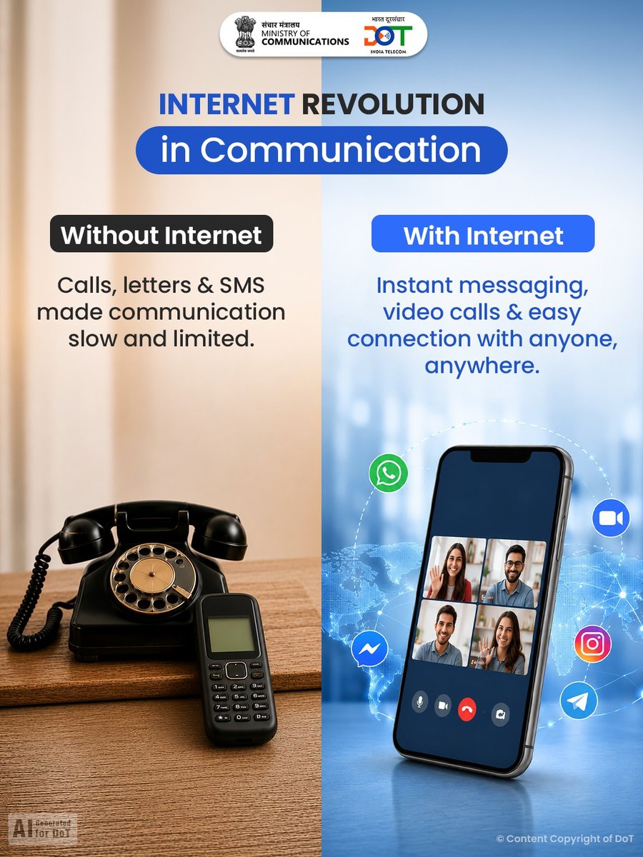 DoT_India's tweet photo. Communication has come a long way!

From calls and SMS to instant messaging and video calls, internet has transformed how we connect with the world.

#DoT #Telecom #DigitalIndia #Internet #Connectivity #Communication 

@JM_Scindia @PemmasaniOnX @PIB_India @pib_comm
@DDNewslive https://t.co/ioK6Xdq48l