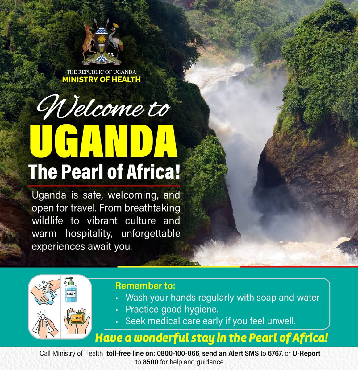 NamazziNaymah's tweet photo. The Pearl of Africa welcomes you
From the roar of Murchison Falls to our vibrant culture and warm hospitality, rich culture, unforgettable adventures

Wash your hands, mind your hygiene, and enjoy every moment in the Pearl of Africa. 
#VaccinesWorkUG
#FightEbolaUG26 https://t.co/A5yjXNGtpo