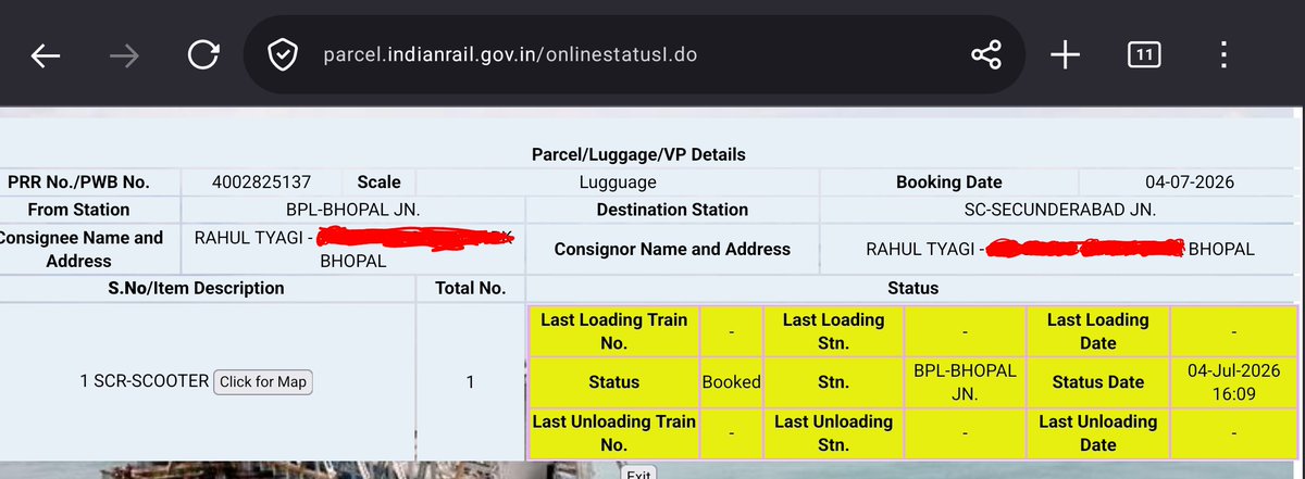 rahultyagi815's tweet photo. @RailMinIndia @RailMadad @wcrly @BhopalDivision

Booked my scooty as LUGGAGE from Bhopal under PRR 4002825137 for July 5th. It's been 5 days, still not loaded. Local staff repeatedly closing RailMadad complaints citing "no space" Why was luggage booking accepted if no space? https://t.co/LDxG3kvDne