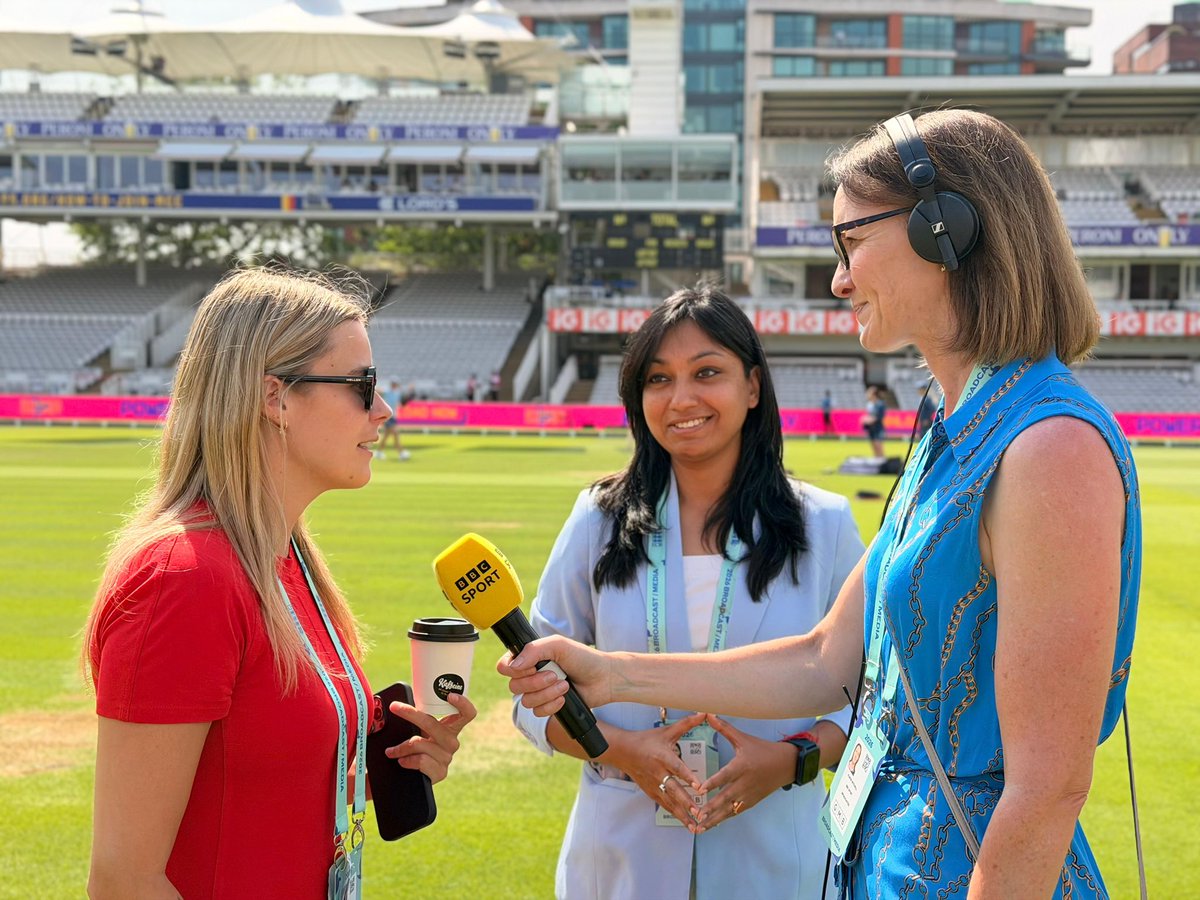 bbctms's tweet photo. We’re on the air for the historic first Women’s Test @HomeOfCricket. 

@AlisonMitchell joined by Alex Hartley &amp; @ghosh_annesha. 

Commentary on 5 Sports Extra &amp; @BBCSounds 

#bbccricket #ENGvIND https://t.co/PZOwvEqAcy