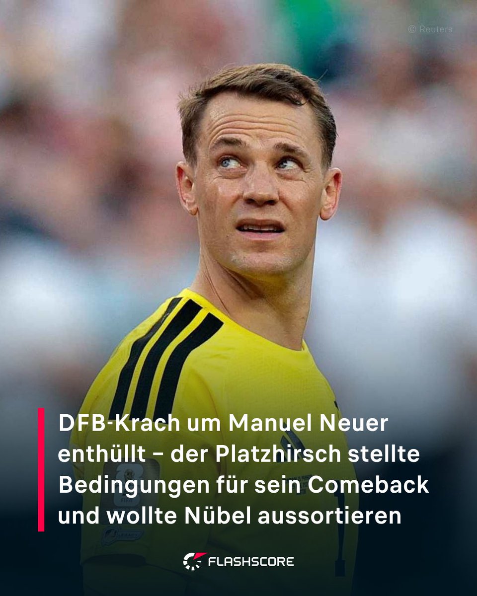 FlashscoreDE's tweet photo. 💥 ENTHÜLLUNGEN: DER DFB-KRACH UM MANUEL NEUER!
Jetzt kommen brisante Details ans Licht: Neuers überraschende WM-Rückkehr hat teamintern für massive Verwerfungen gesorgt! 😳

📌 Was laut ran-Bericht hinter den Kulissen passierte:
🔸 Nagelsmann entschied im Alleingang für Neuer als Nummer 1 – OHNE Absprache. Zuvor hatten er und Torwarttrainer Kronenberg bereits Baumann (Nr. 1) und Nübel (Nr. 2) ihre Rollen zugesichert.
🔸 Kronenberg stand deshalb angeblich kurz vor dem RÜCKTRITT, weil über seinen Kopf hinweg entschieden wurde. 😤
🔸 Der Hammer: Neuer soll sein Comeback an die Bedingung geknüpft haben, dass Nübel aussortiert und stattdessen Bayern-Kollege Jonas Urbig nominiert wird.
🔸 Der Kompromiss: Urbig fuhr als vierter Torwart mit – Nübel wurde trotz vorheriger Zusage zurückgestuft.

Das Verhältnis Neuer–Nübel gilt seit Jahren als zerrüttet – inzwischen ist Nübel zu Besiktas in die Türkei gewechselt. 🧤➡️🇹🇷
Machtspiele oder legitime Entscheidung eines Welttorwarts? Was meint ihr? 👇

⚽🇩🇪 #Neuer #Nübel #DFB #Nagelsmann #WM2026 #Flashscore #DFBTeam