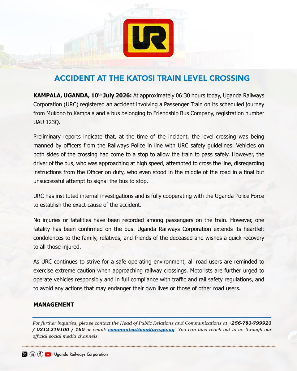 RailwaysUganda's tweet photo. Statement on the unfortunate accident at the Katosi Railway Level Crossing. https://t.co/L7iDi1NiRt