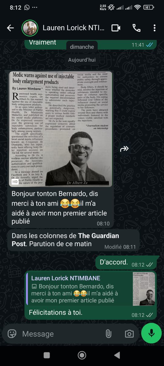 albertleanne's tweet photo. Je suis très honoré d’avoir permis au jeune journaliste Lorick NTIMBANE de publier son premier article dans le journal « The Guardian Post. 
Je lui souhaite une belle et grande carrière. https://t.co/f7U4qAzALU