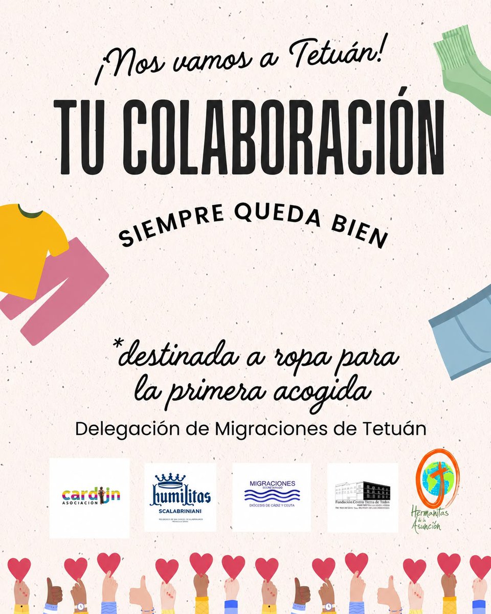 AsocCardijn's tweet photo. En unos días nos vamos a nuestro Campo de Servicio Tetuán 2026.🤍
Estamos recaudando fondos para adquirir ropa destinada a la primera acogida de personas migrantes.
🫶🏽¡Gracias por vuestra colaboración! 🫶🏽 https://t.co/hFhkb8tH8F