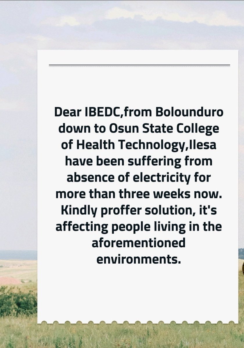 Bolanle099's tweet photo. Dear IBEDC,from Bolounduro down to Osun State College of Health Technology in Ilesa have been suffering for absence of electricity for more than three weeks now,the fact that students are here,how do you want them cope with lack of electricity? https://t.co/ADX1vFCEzf