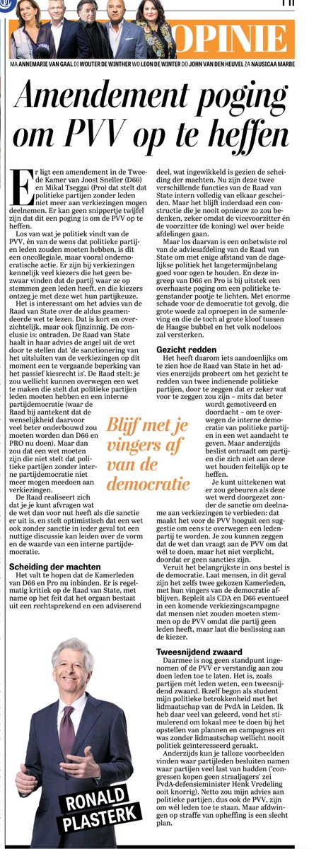rkemp59's tweet photo. Prima stuk van Plasterk.

Maar het is duidelijk. D66 en PRO zoeken naar mogelijkheden om de PVV uit te schakelen en te verbieden. Naast PRO en D66 staan ook Yesilgöz en Bontenbal achter het voorstel van D66'er Sneller 👇 https://t.co/94PmATWZzV