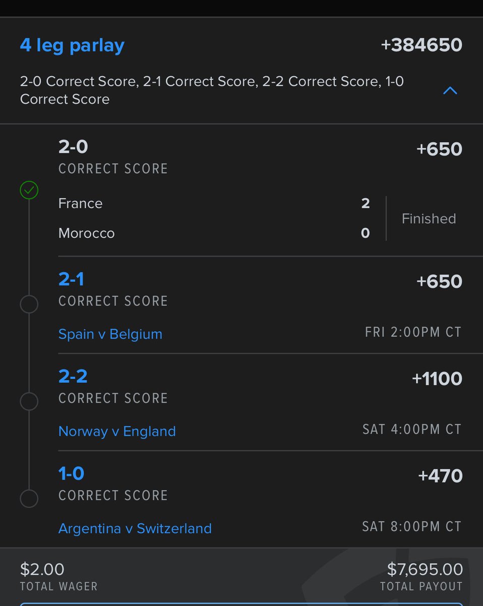 sliptogreen's tweet photo. One leg down on this absolutely insane +384650 correct score soccer parlay to turn $2 into $7,695! 🤯⚽️

Get access to our exclusive VIP picks today by clicking the link in my bio!
#SportsBetting #Soccer #VIPicks #GamblingX #Parlay @Playbook https://t.co/PS8puJe8bS