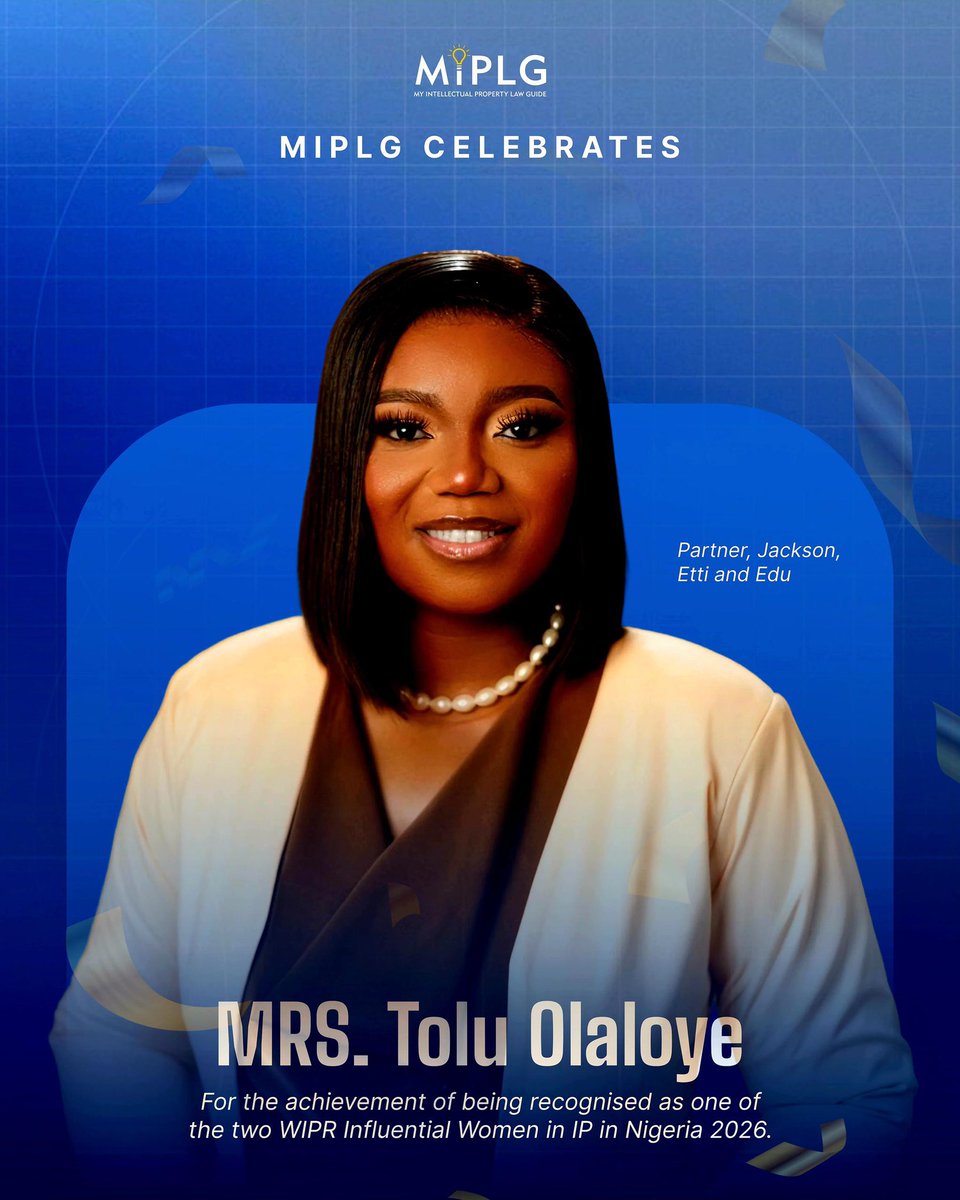 miplg's tweet photo. MIPLG proudly celebrates Mrs. Tolu Olaloye, our esteemed Director, on her well-deserved recognition as one of the two WIPR Influential Women in IP in Nigeria 2026.

Here’s to many more groundbreaking achievements! 🎉

#MIPLG 
#WIPR 
#WomenInIP https://t.co/9X5Vi72kGm