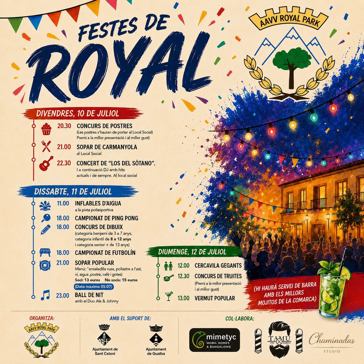 gualbainfo's tweet photo. 🎉 Aquest cap de setmana, #RoyalPark celebra la Festa Major!

🎶 Música, sopars, gegants, inflables, vermut, concursos… i els famosos mojitos! 🍹

📅 10, 11 i 12 de juliol

Us hi esperem! 💙  #Gualba #FestaMajor https://t.co/RrUvf74pSt