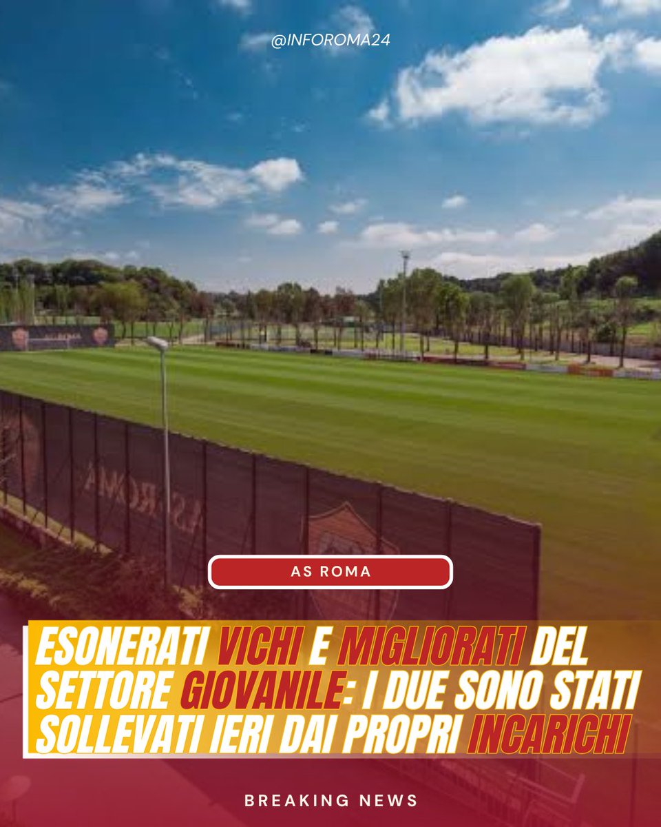 inforoma24's tweet photo. 🟡🔴 Esonerati Roberto #Vichi e Gianmarco #Migliorati del settore giovanile.
📋 Nella giornata di ieri, l’#ASRoma ha sollevato i due dai propri incarichi, con l’obiettivo della creazione del nuovo corso nell’area giovani.
📲 @Ste_Gentili_ @AlessioSbarbat2 https://t.co/KBLw3dZVOj