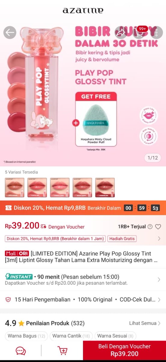 behappyeaah's tweet photo. Spill promo JUMAT BERKAH nih beauties 🙏 

GLOSSY TINT AZARINE SE-LUCU, SE-BAGUS INI JADI CUMA 39K AJA?! padahal kalau harga normal 60K'an😱

Forrmula nya GONG! gak lengket, finish nya glossy tapi warnanya tetap stay🫶

Sbelum promo.                  Harga promo https://t.co/HsCzKxiR9U