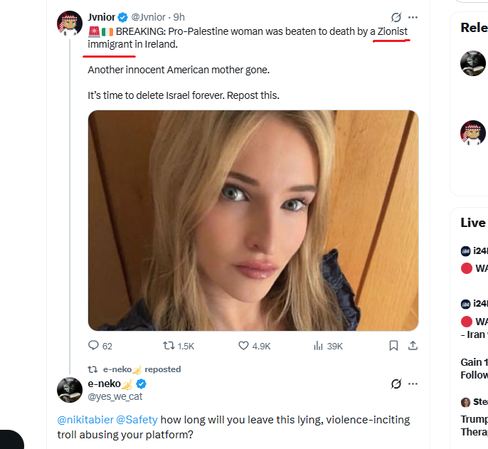 kosherronin's tweet photo. An American woman gets killed by her Arab boyfriend. This Ahmad Alsaqer, 28, is a Jordanian who identifies as "Palestinian," and the couple even met at a 'Free 🇵🇸' protest. 

You may guess once who they blame for her death. 😵‍💫 https://t.co/yEUzZSQilF