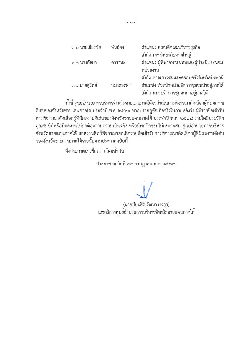CS_DI_'s tweet photo. ประกาศศูนย์อำนวยการบริหารจังหวัดชายแดนภาคใต้
เรื่อง ประกา��รายชื่อผู้มีสิทธิเข้ารับการพิจารณาคัดเลือกผู้ที่มีผลงานดีเด่นของจังหวัดชายแดนภาคใต้ประจำปี พ.ศ. ๒๕๖๘
10/07/69 https://t.co/wnEv6K9xM6