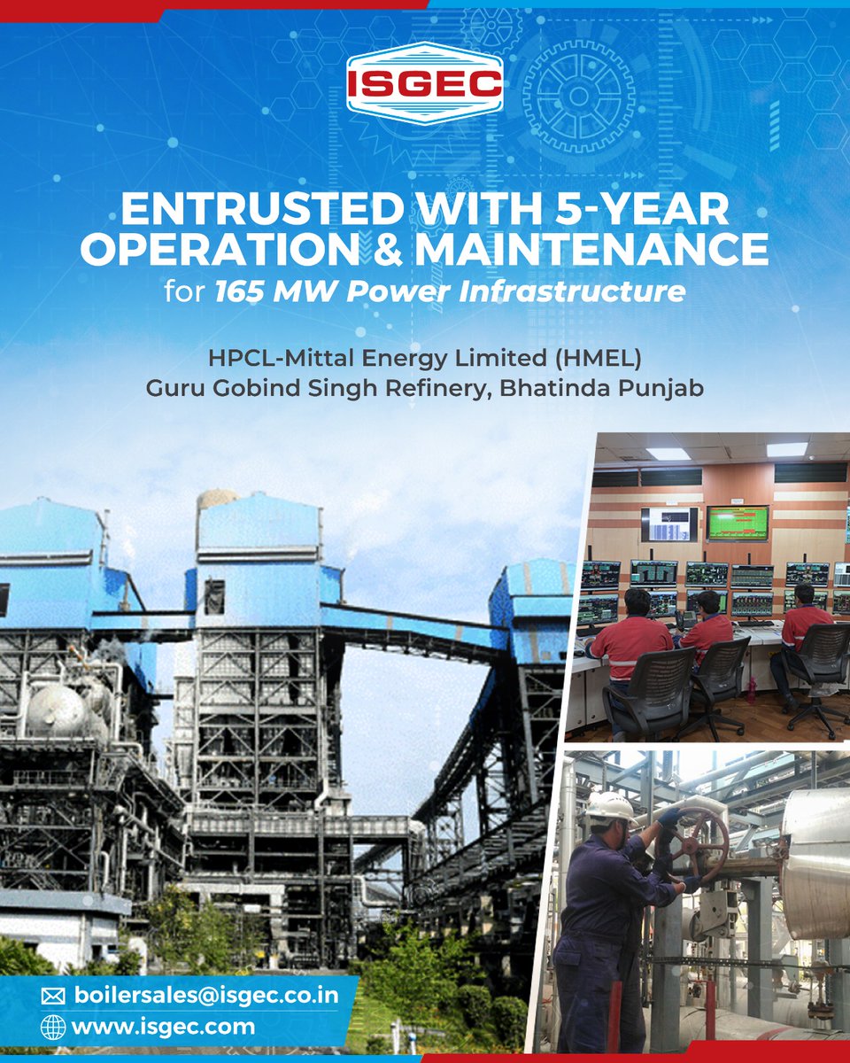 Isgec_engg's tweet photo. We are proud to announce that Isgec has been awarded a comprehensive 5-year Operation & Maintenance (O&M) contract by HPCL-Mittal Energy Limited (HMEL) for their 165 MW Captive Power Plant (CPP) at the Guru Gobind Singh Refinery in Bathinda, Punjab.
#IsgecheavyEngineering https://t.co/dPONDZB4Iw