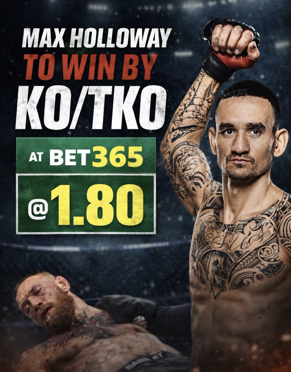MATCHPULSE29's tweet photo. Connor McGregor Vs Max Holloway 

Connor returns to the octogan after half a decade away from the scene. He’s defeated Max Holloway before but that was before his epic run that saw him become the champ champ. 

This time Max Wins by KO/TKO available on Bet365 @ 1.80 https://t.co/A4PbBxmvMl