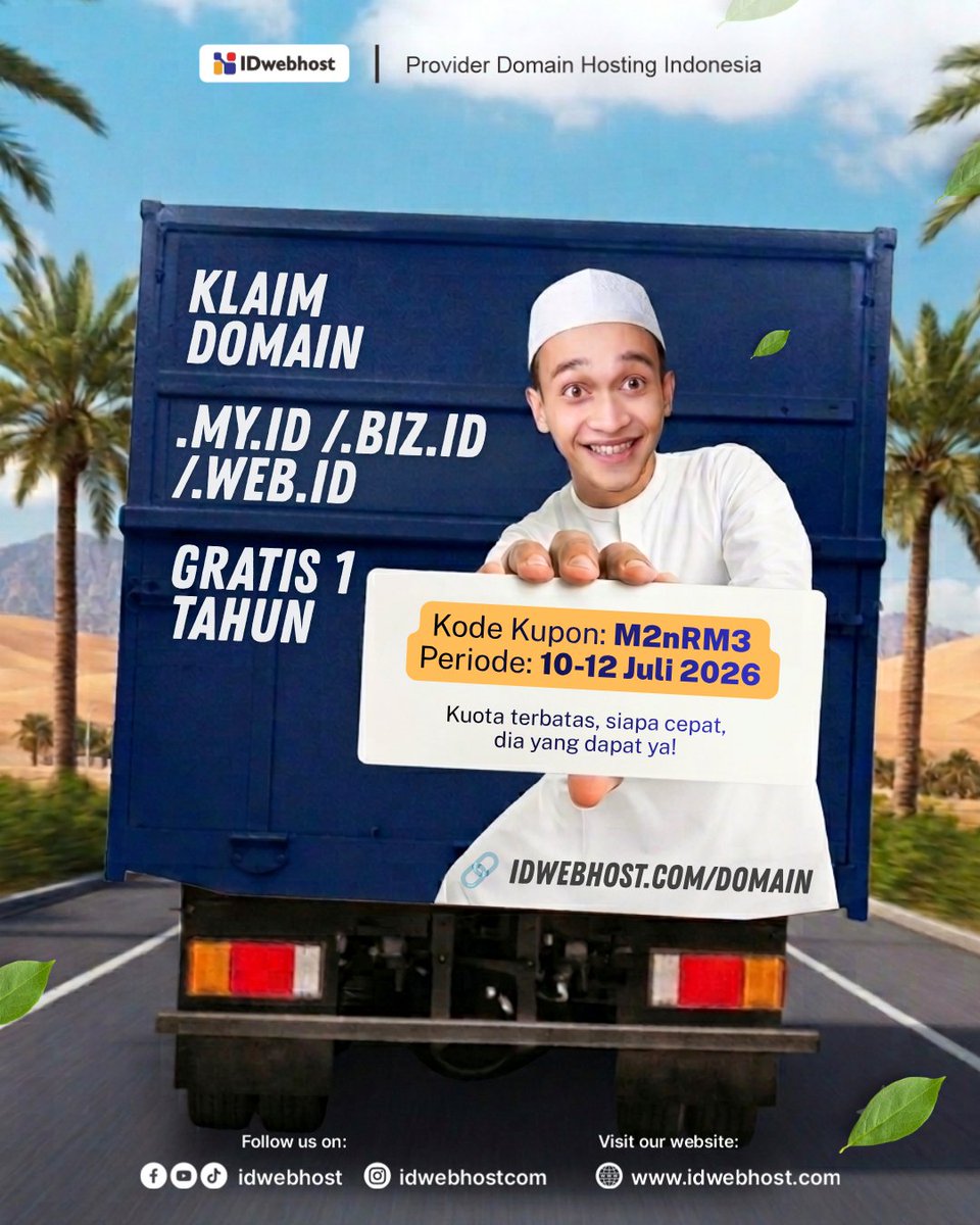 idwebhost's tweet photo. 🚛 Tin tinnn...
Truk ini lagi bawa Domain GRATIS 1 Tahun buat kamu! 🤩

Yuk, klaim Domain .MY.ID / .BIZ.ID / .WEB.ID GRATIS untuk 1 tahun dan mulai bangun website impianmu! 🚀

🎟️ Kode Kupon: M2nRM3
📅 Periode: 10–12 Juli 2026

Langsung tancap gas ke 👉 https://t.co/MuzIFX8AaV https://t.co/ufal3VNW33