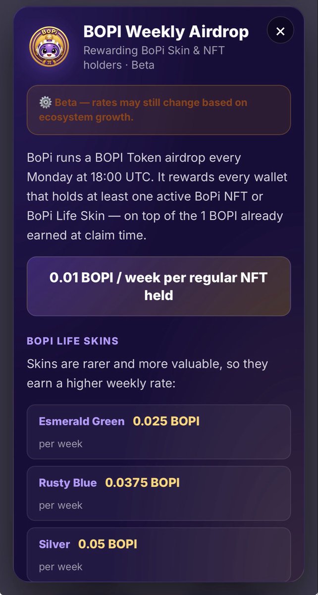 SK_devStudios's tweet photo. BoPi Life is our first step toward a living companion inside the BNPi ecosystem. 
Instead of simply collecting rewards, you’re taking care of your own BoPi by feeding it, letting it rest, and playing with it. 
The better you care for your BoPi and the more active you are, the more BOPI you can mine. 
Your progress isn’t random, it’s connected to your daily activity and dedication.

BoPi Life Skins make your journey even more rewarding. 
Every skin provides a mining boost, allowing you to earn more BOPI over time. The rarer the skin, the greater the bonus, making each one a valuable addition to your collection.

And this is only the beginning. 
BoPi Life is currently in its first version, but it already lays the foundation for a much larger experience. 
Over time, your BoPi will continue to evolve with new features, interactions, progression systems, and rewards as the BNPi ecosystem grows.

Also, don’t forget that the next Weekly BOPI Airdrop takes place this Monday.
Every eligible BoPi Caretaker holding active BoPi NFTs and/or BoPi Life Skins will receive their weekly BOPI rewards. If you want to maximize your airdrop, now is the perfect time to grow your collection and become one of the most dedicated BoPi Caretakers. 💜