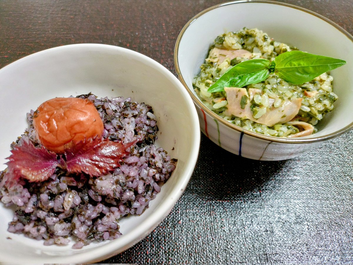 watbenkyou's tweet photo. わっと畑
｢C畑の食材で料理」
赤じそ＆バジルで
リゾット＆パスタ https://t.co/6Zwnn7Twl2