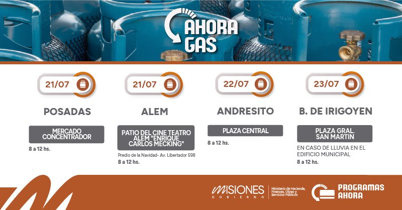 adolfosafran's tweet photo. DURANTE JULIO EL PROGRAMA AHORA GAS CONTINÚA RECORRIENDO LA PROVINCIA
El programa #AhoraGas continúa realizando operativos que todas las semanas acercan a distintas localidades la posibilidad de realizar recargas de garrafas de GLP de 10 kg a $20.000, un precio muy inferior al valor en estaciones de servicio, comercios y cooperativas, en donde los valores rondan entre $25.000 y $30.000, mientras que en otros comercios se vende a precios todavía mayores.
Durante julio, el #AhoraGas recorrerá las localidades de Posadas (14/7); San José (14/7); Apóstoles (15/7); Azara (16/7); Posadas (21/7); L.N.Alem (21/7); Andresito (22/7); Bernardo de Irigoyen (23/7); San Pedro (24/7); Posadas (28/7); Colonia Victoria (28/7); Oberá (29/7); San Ignacio (30/7); Puerto Leoni (31/7).
El programa #AhoraGas, que fue creado en el año 2018 durante el primer mandato de @passalacquaok continúa acercando este beneficio al que acceden familias de toda la provincia; una herramienta que fortalece el acceso a un servicio esencial y cobra mucha relevancia si además tenemos en cuenta que Misiones es la única provincia del país que todavía no cuenta con acceso a la Red de Gas Natural en ninguna de sus localidades.