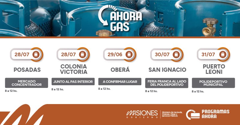 adolfosafran's tweet photo. DURANTE JULIO EL PROGRAMA AHORA GAS CONTINÚA RECORRIENDO LA PROVINCIA
El programa #AhoraGas continúa realizando operativos que todas las semanas acercan a distintas localidades la posibilidad de realizar recargas de garrafas de GLP de 10 kg a $20.000, un precio muy inferior al valor en estaciones de servicio, comercios y cooperativas, en donde los valores rondan entre $25.000 y $30.000, mientras que en otros comercios se vende a precios todavía mayores.
Durante julio, el #AhoraGas recorrerá las localidades de Posadas (14/7); San José (14/7); Apóstoles (15/7); Azara (16/7); Posadas (21/7); L.N.Alem (21/7); Andresito (22/7); Bernardo de Irigoyen (23/7); San Pedro (24/7); Posadas (28/7); Colonia Victoria (28/7); Oberá (29/7); San Ignacio (30/7); Puerto Leoni (31/7).
El programa #AhoraGas, que fue creado en el año 2018 durante el primer mandato de @passalacquaok continúa acercando este beneficio al que acceden familias de toda la provincia; una herramienta que fortalece el acceso a un servicio esencial y cobra mucha relevancia si además tenemos en cuenta que Misiones es la única provincia del país que todavía no cuenta con acceso a la Red de Gas Natural en ninguna de sus localidades.