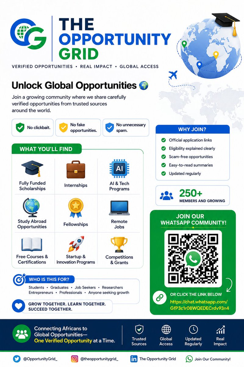 jabir_jdev10's tweet photo. 🚀 Looking for verified scholarships, internships, AI programs, and global opportunities?
Join The Opportunity Grid for carefully researched opportunities with official links and no unnecessary spam.
🔗https://t.co/fJIqNsCfda
#Scholarships #Opportunities #StudyAbr https://t.co/aa3VZggHHq