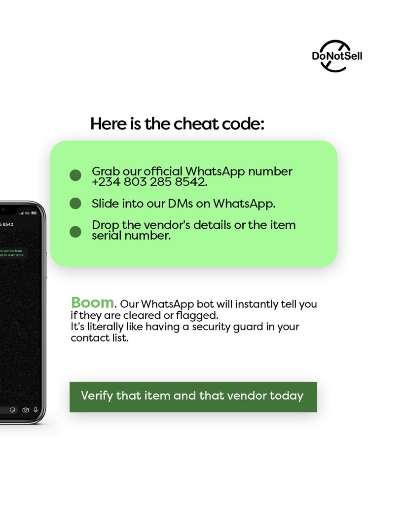 Donotsellapp's tweet photo. DoNotSell App has made verification easy and simple. While you have the App on your phone, you can still a quick check on WhatsApp. 

Check out this  new feature today!!! 

#DoNotSellApp https://t.co/5lB46PiqiP
