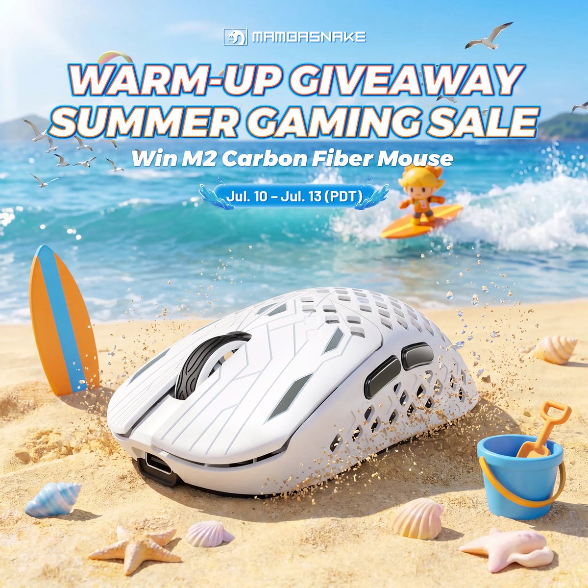 MAMBASNAKEEU's tweet photo. SUMMER GAMING SALE WARM-UP GIVEAWAY

Our massive Summer Gaming Sale is almost live!
Jump into our giveaway for top-tier gaming gear, crush all matches and beat the summer heat with your gaming crew!

Prize: M2 Carbon Fiber Mouse × 1

Event Period: Jul. 10 – Jul. 13 (PDT)

Enter: https://t.co/9Th63LLsko

Prize Highlights:
• Carbon Fiber Composite
• 41±3g Ultra-Lightweight
• PixArt PAW3395PRO Sensor
• Fine 50 DPI Precision Tuning
• Up to 40000 DPI
• BK52820 Core Chip
• Durable Omron Microswitch

Mark your calendars for our full SUMMER GAMING SALE launch!
Ready to refresh your gaming rig and outplay everyone this summer?  Join now and best of luck!