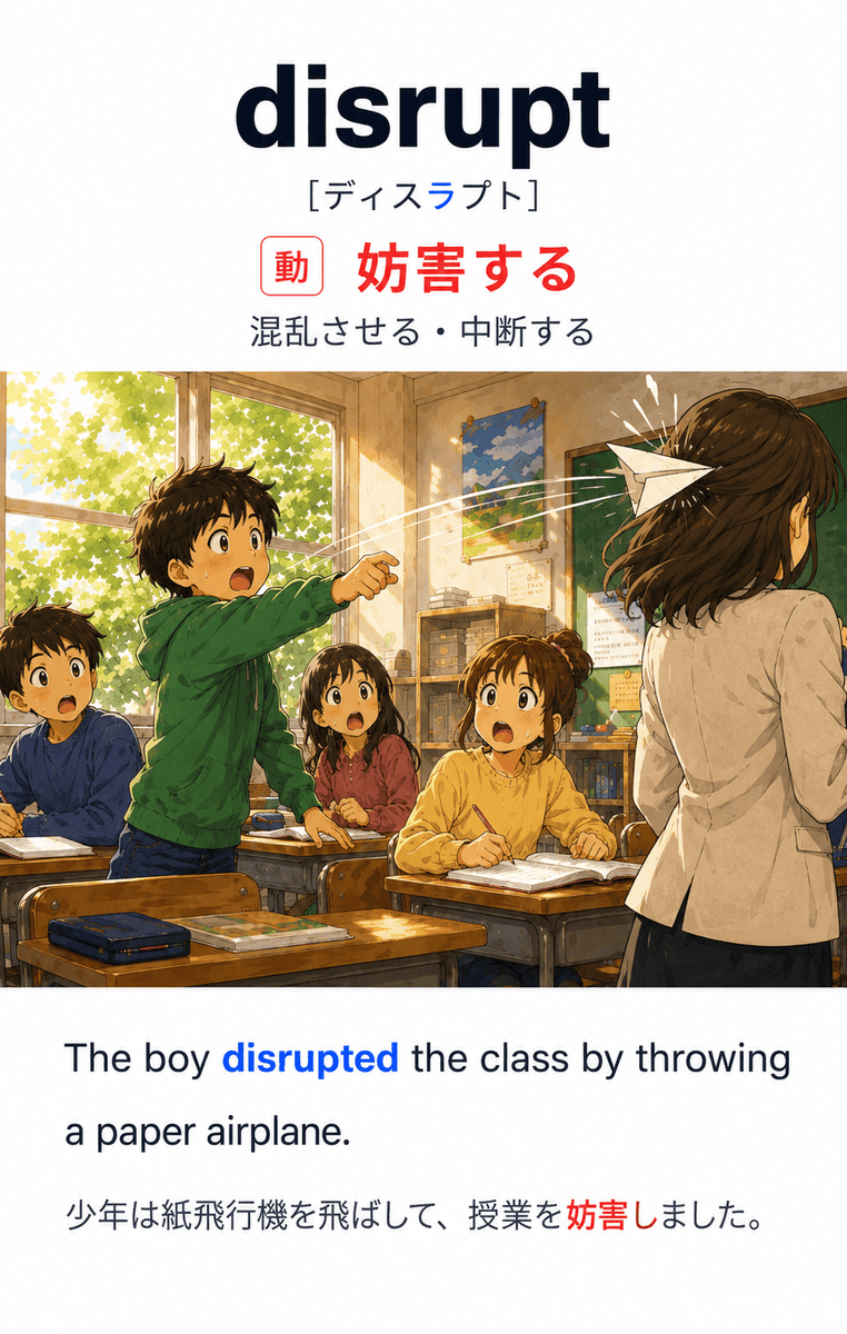 eitanfriends's tweet photo. 答え👇

disrupt ＝ 妨害する・混乱させる・中断する

💡 覚え方のヒント
語源は「バラバラに（dis）＋砕ける（rupt）」。全体の流れをブチブチに砕いて「妨害する」というイメージです。 https://t.co/vubgRHI99P