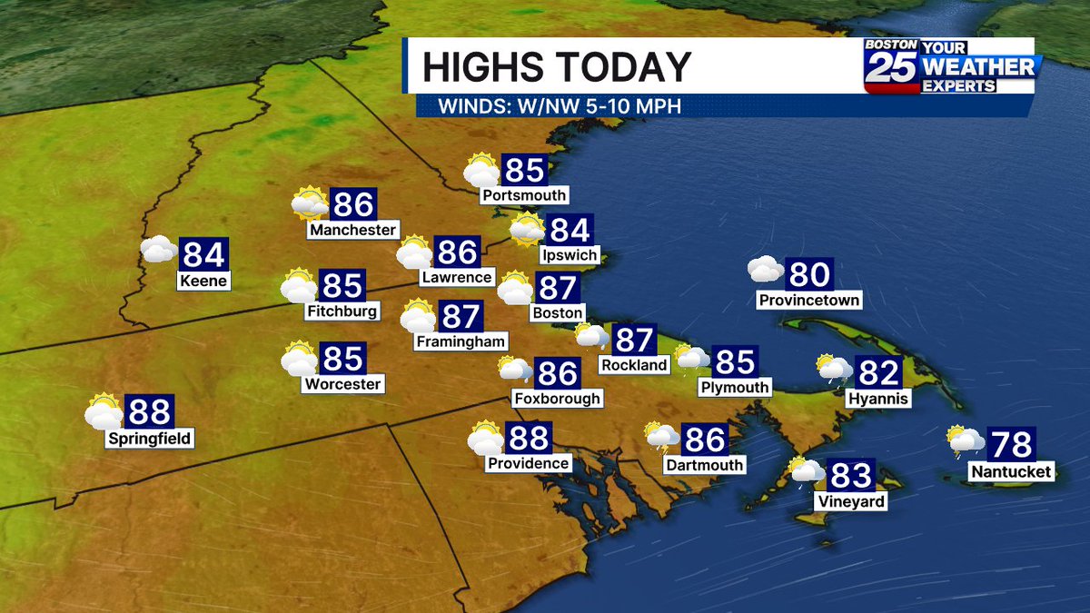 ShiriSpear's tweet photo. Still muggy &amp; mostly dry today - isolated ⛈️are possible in southeastern MA this afternoon.
Weekend will be less humid &amp; seasonable with lower 80s! @boston25 #mawx #boston #capecod https://t.co/Zw26zQ1Fxr