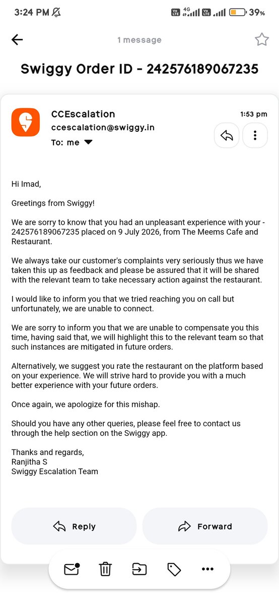 mujebhat2008's tweet photo. @Swiggy Extremely disappointed. Despite sharing evidence of a dead fly in my food (Order ID: 242576189067235), Swiggy has refused any refund or compensation. A food safety issue cannot be ignored. I will escalate this to the appropriate consumer @SwiggyCares https://t.co/UcqqXnYkQ2