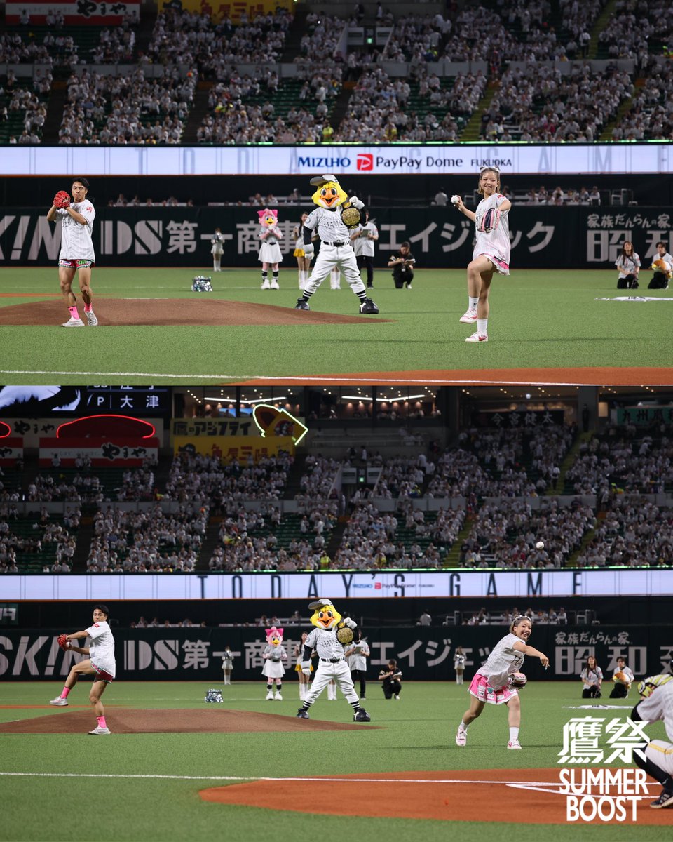 HAWKS_official's tweet photo. セレモニアルピッチにK-1ファイターの #木村萌那 選手 #石井一成 選手が登場✨

リアル春麗としてもバズった木村選手からのご指定ポーズに #牧原大成 選手の照れが入っておりますので斜めからのお届けとなります🫶

#sbhawks https://t.co/PDoOJ1aWtq