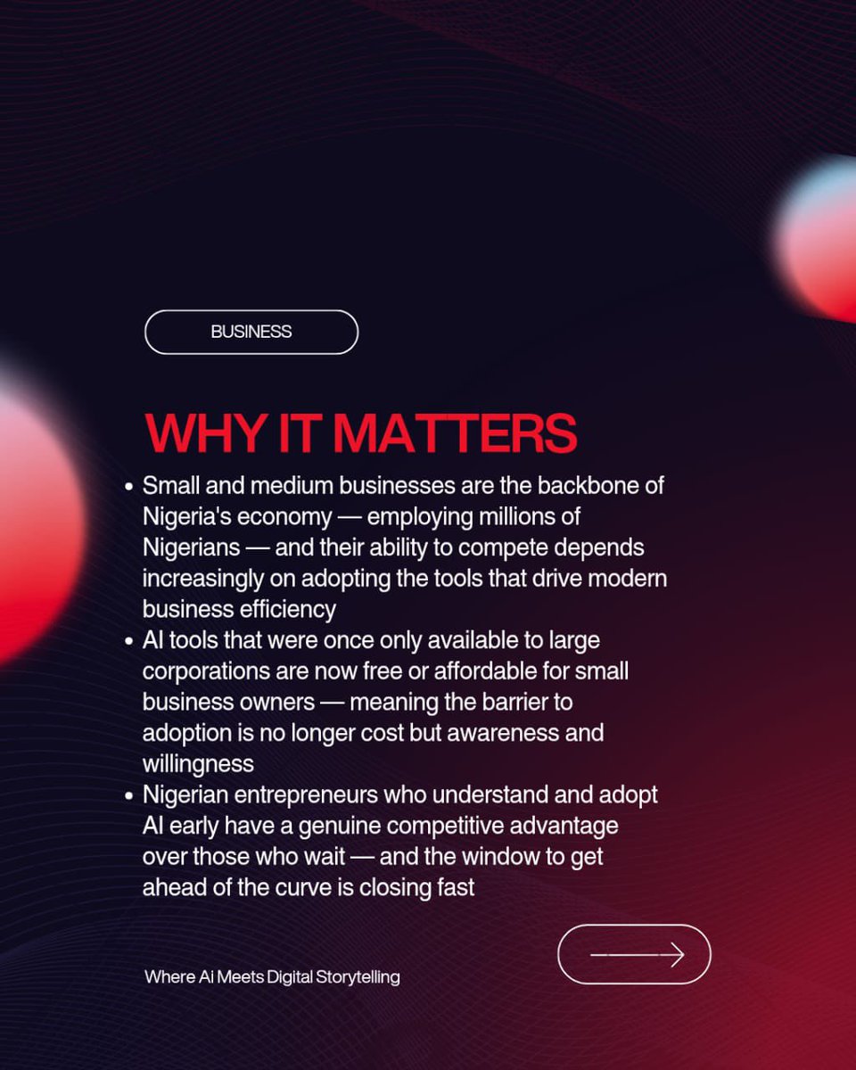 promptwiremedia's tweet photo. Refusing to use AI as a small business owner in 2026 is a competitive disadvantage.
Your competitors are using it.
Your customers expect it.
And the gap is widening every day.
Are Nigerian small businesses keeping up?
Tell us 👇
#SmallBusiness #Nigeria #AI #Entrepreneurship https://t.co/pnrZdtHNP6