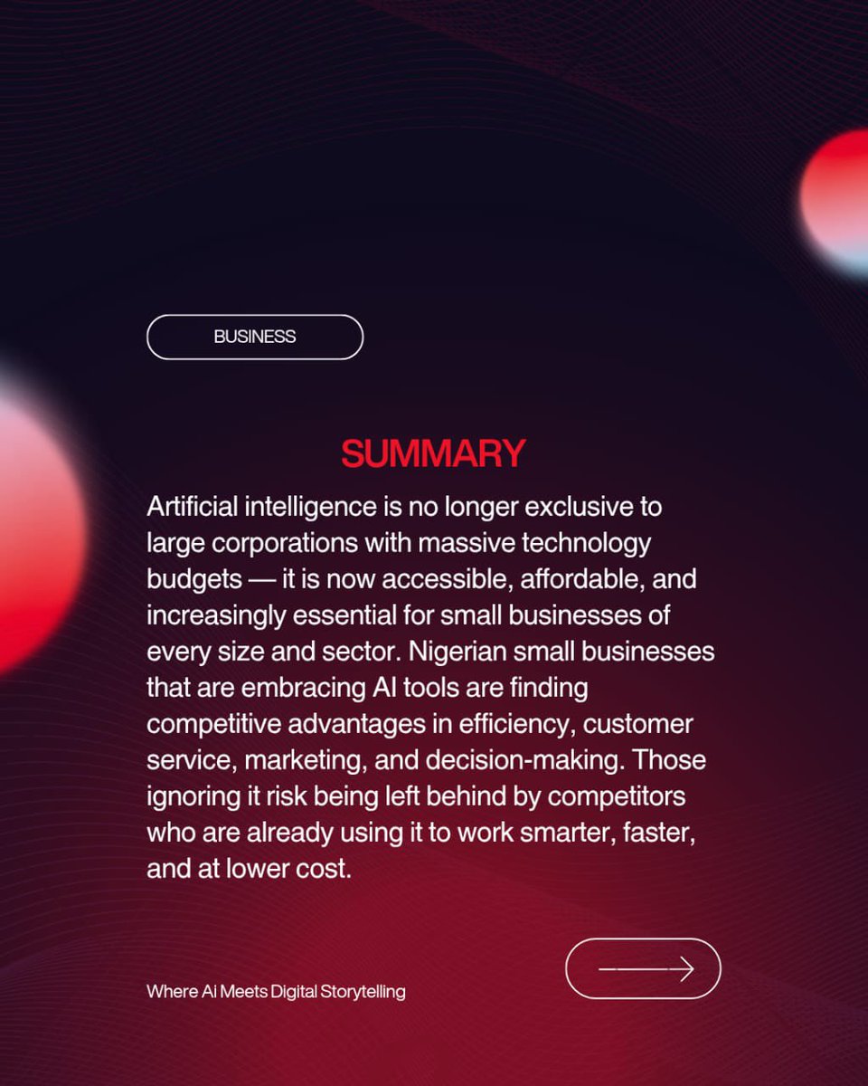 promptwiremedia's tweet photo. Refusing to use AI as a small business owner in 2026 is a competitive disadvantage.
Your competitors are using it.
Your customers expect it.
And the gap is widening every day.
Are Nigerian small businesses keeping up?
Tell us 👇
#SmallBusiness #Nigeria #AI #Entrepreneurship https://t.co/pnrZdtHNP6