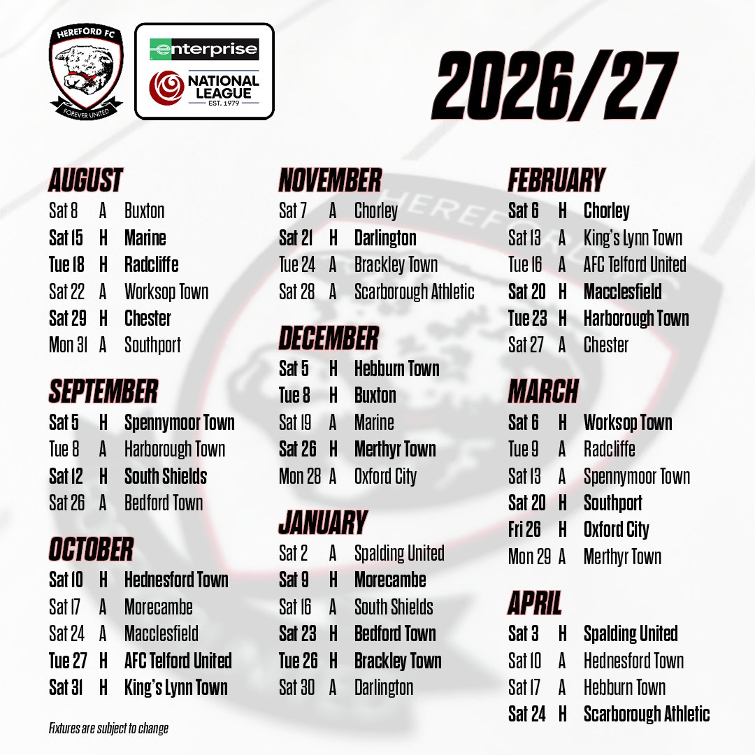 HerefordFC's tweet photo. 🗓️ The Bulls' 2026/27 fixtures are live!

https://t.co/KEWRHyVeiJ

#COYW 🐮 https://t.co/4MgEbkKuZ2