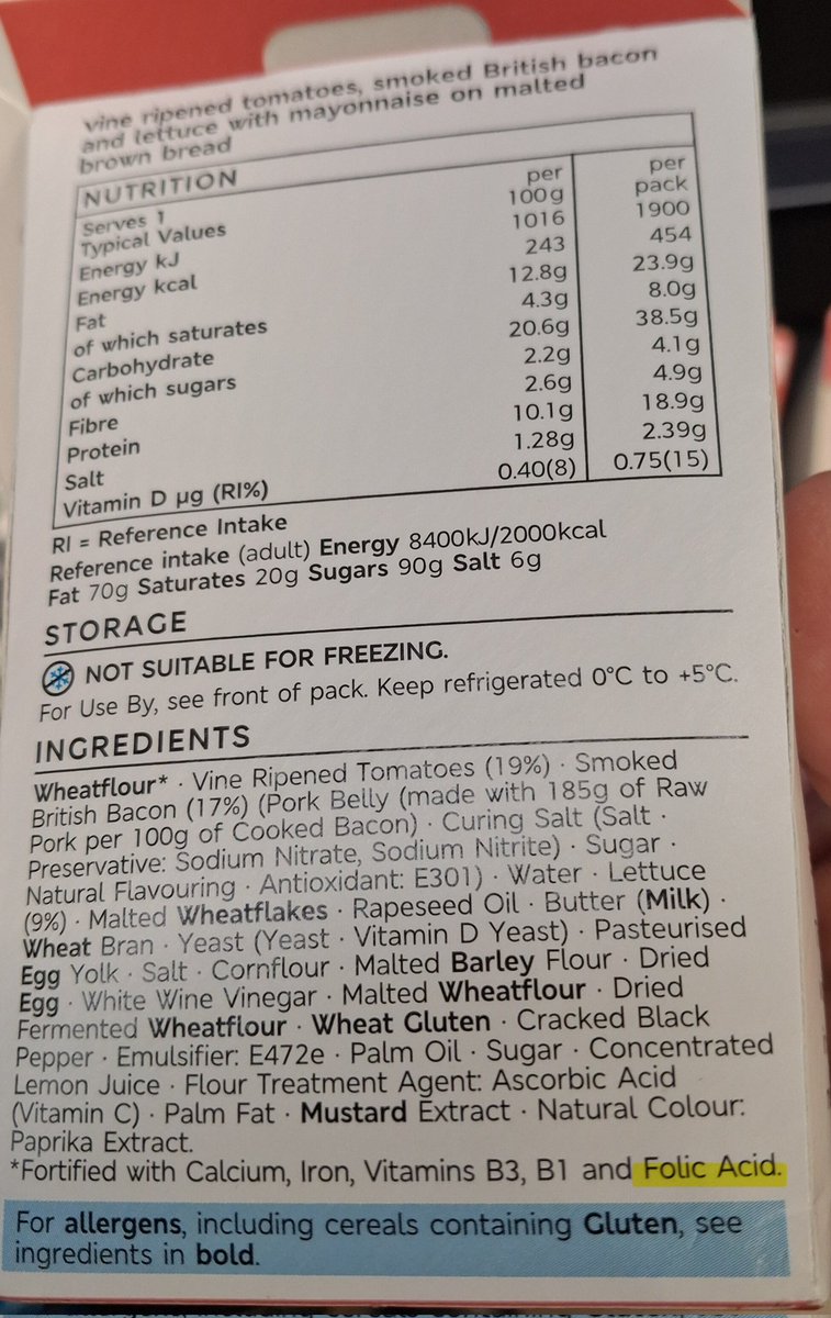 A1an_M's tweet photo. The exclusion of wholemeal flour from rules on mandatory addition of folic acid to flour, which are due to come into operation in December (and are already being implemented) in principle give people who want to eat bread and avoid folic acid an "out".

However in practice many "wholemeal" loaves either also contain wheat flour, for a lighter texture, or the manufacturers are just going to include folic acid anyway (to make their procurement easier).

You can see this in the shops already. Many "wholemeal" loaves contain folic acid and most "brown bread" ready made sandwiches contain folic acid. Even some "gluten free" sandwiches, bizarrely.

In practice, if you want bread, even if you like wholemeal bread, it's going to be very hard to avoid folic acid without making bread yourself at home. Not everyone has the time, money or energy to do that and anyway, why is the government making people jump through hoops like this? Staple foods should not be adulterated. 

Folic acid is not a benign substance, nor is it needed by  most people. It doesn't belong in staple foods. It should be targeted only at people whose health, or the health of their future children, is actually at risk.