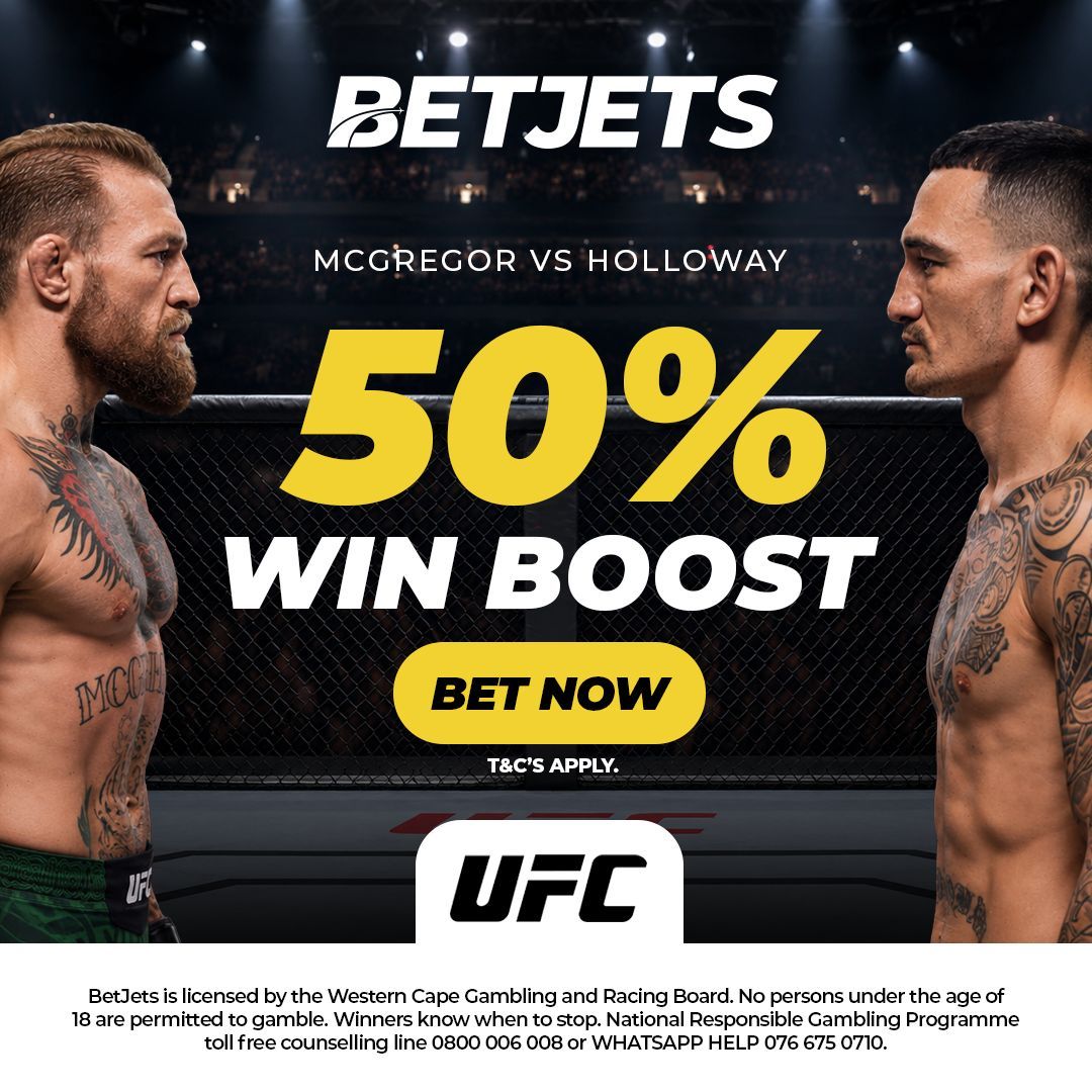BetJetsZA's tweet photo. Two legends. One Octagon.
McGregor or Holloway? Back your pick with a 50% Win Boost and make every punch count.
#BetJets #WinBoost https://t.co/WrdbjeCrao