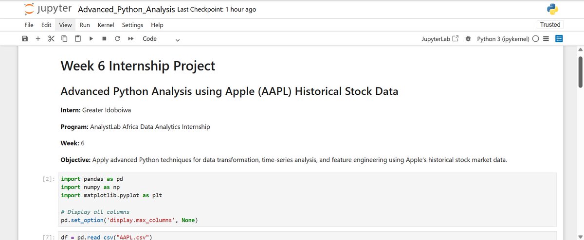 GreatstyleU's tweet photo. Completed Week 6 of the @AnalystLabAfrica Data Analytics Internship! Analyzed Apple (AAPL) historical stock data using Python, Pandas, NumPy &amp; Matplotlib, covering data transformation and data visualization. #Python #DataAnalysis #AnalystLabAfrica https://t.co/S2rcFyqS5S