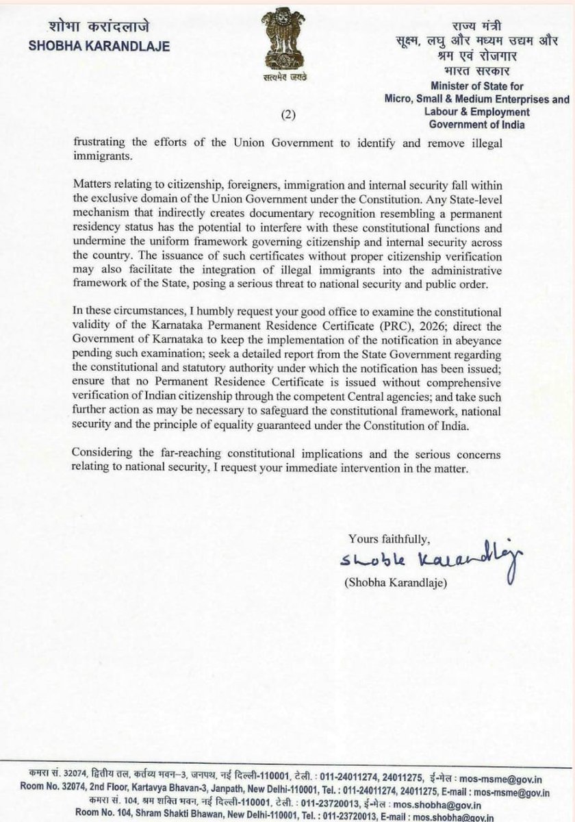 ShobhaBJP's tweet photo. The Constitution of India guarantees One Nation, One Citizenship. No State Government can create a parallel mechanism that undermines this constitutional principle.

The Karnataka Congress Government's Permanent Residence Certificate (PRC) notification raises serious constitutional and national security concerns. It risks weakening citizenship verification and undermining the Union Government's exclusive authority over citizenship.

I have written to the Hon'ble Union Home Minister Shri @AmitShah Ji seeking immediate intervention to examine the constitutional validity of the notification, keep its implementation in abeyance, and ensure that no PRC is issued without comprehensive citizenship verification by the competent Central authorities.

The Constitution is supreme. National security is non-negotiable.