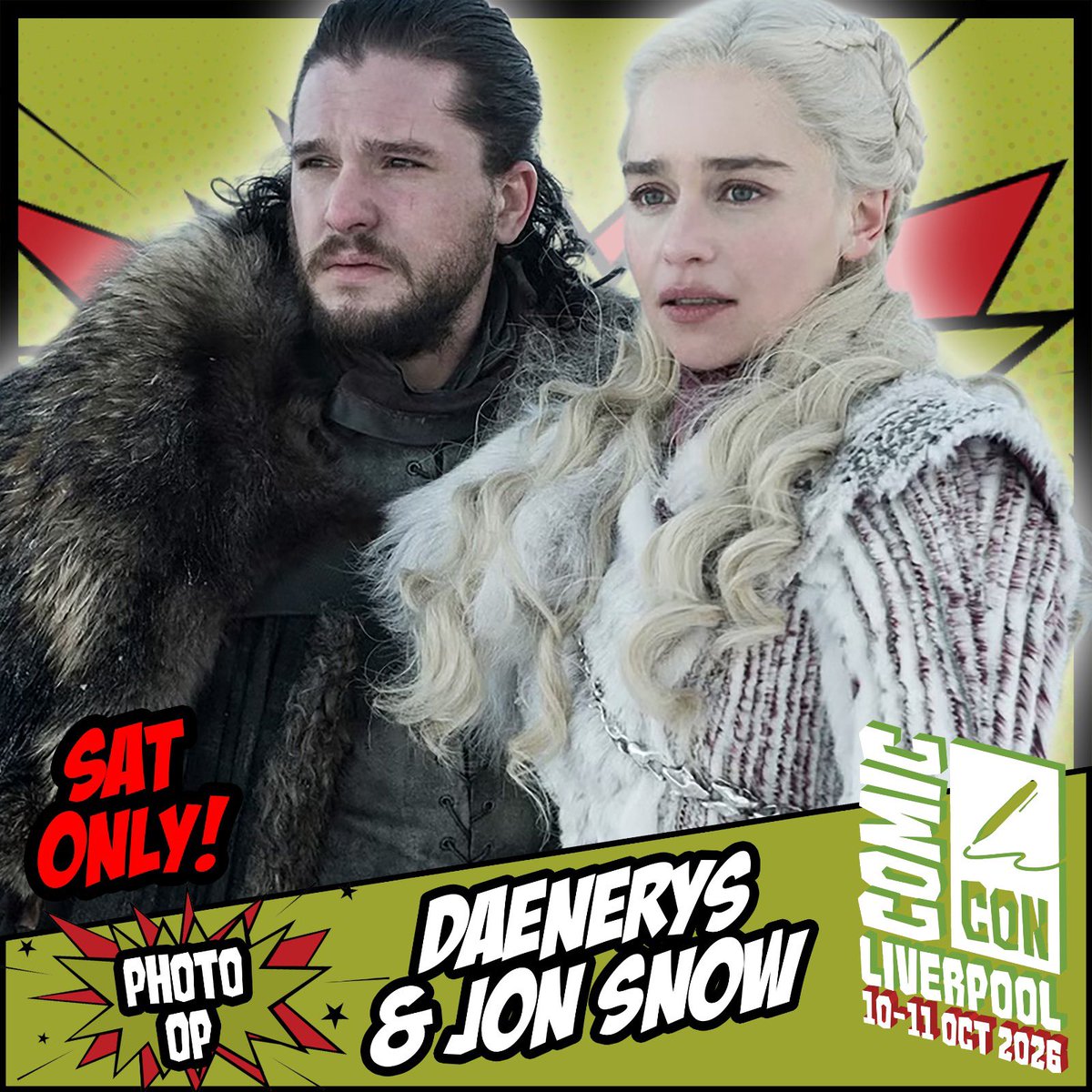 comconliverpool's tweet photo. DAENERYS AND JON SNOW DUO PHOTO

Comic Con Liverpool presents a duo photograph opportunity with Emilia, and Kit!

Available Saturday only!

Tickets: https://t.co/BGUh53jxHM https://t.co/RIepajyF2A