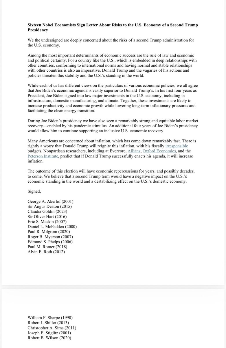 jmpuentec's tweet photo. Una luz roja en el tablero! 
Dieciséis economistas ganadores del Premio Nobel firman una carta sobre los riesgos que supone para la economía estadounidense (y mundial!) un segundo mandato de Trump como presidente.

Están profundamente preocupados por los riesgos que esto supone! https://t.co/EH263q6MJh