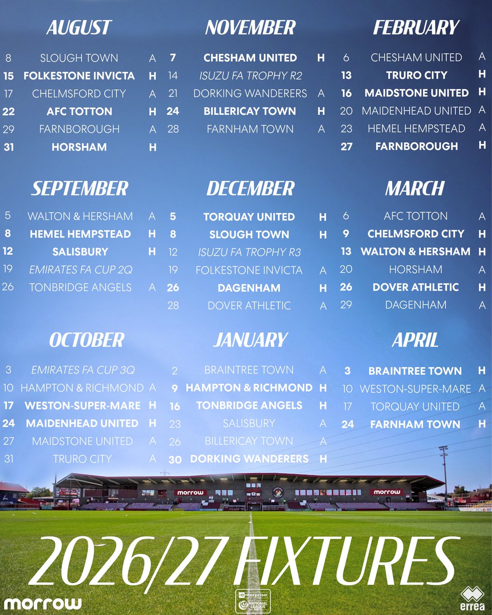 EUFCofficial's tweet photo. 2026/27 FIXTURES🗓️

A trip to Arbour Park opens our 2026/27 campaign with Farnham Town visiting the Morrow Stadium on the final day🤝 https://t.co/aZ36a3o5NZ