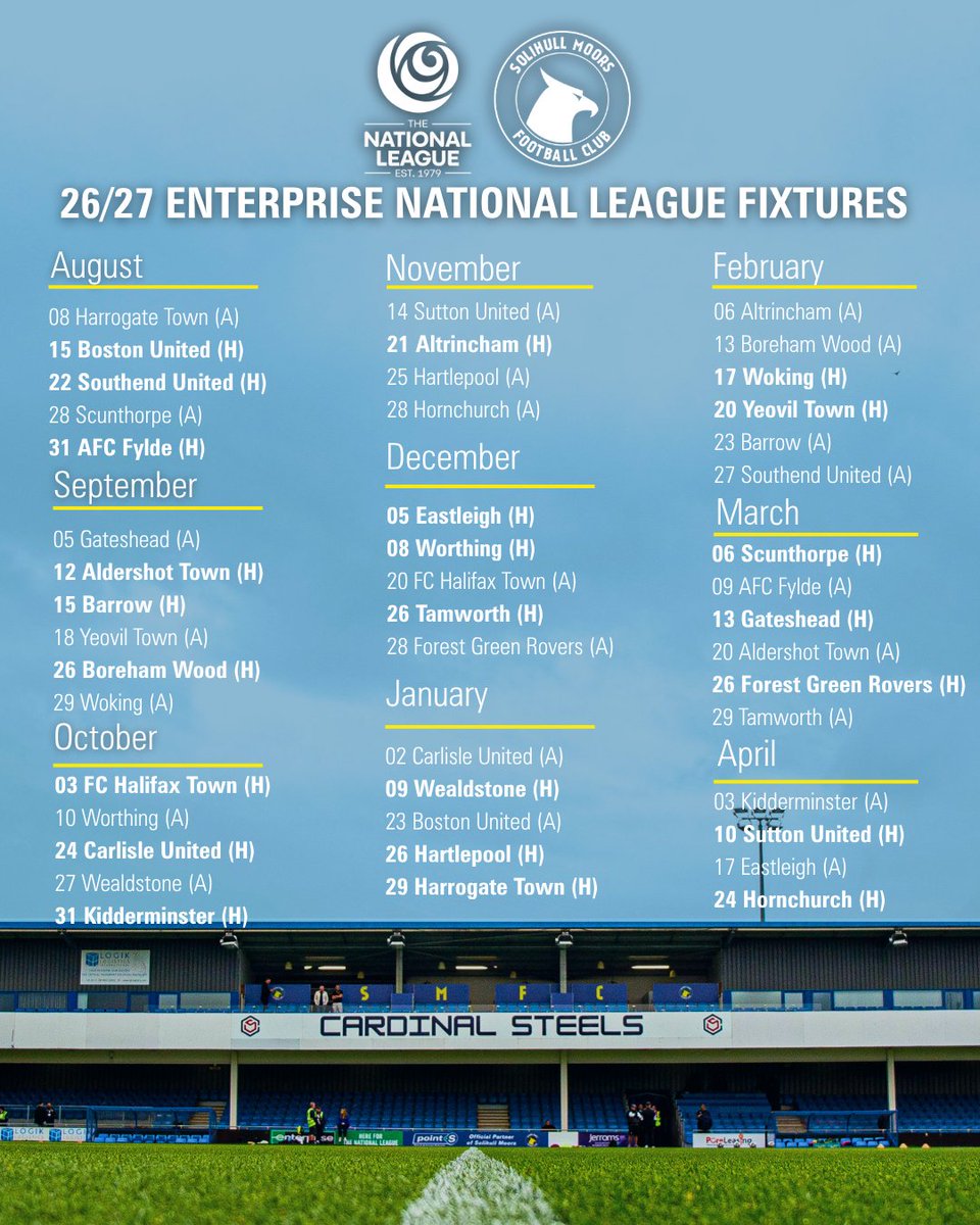 SolihullMoors's tweet photo. Our 2026/27 Enterprise National League Fixtures 🌟 https://t.co/SGiSZuu5Dn