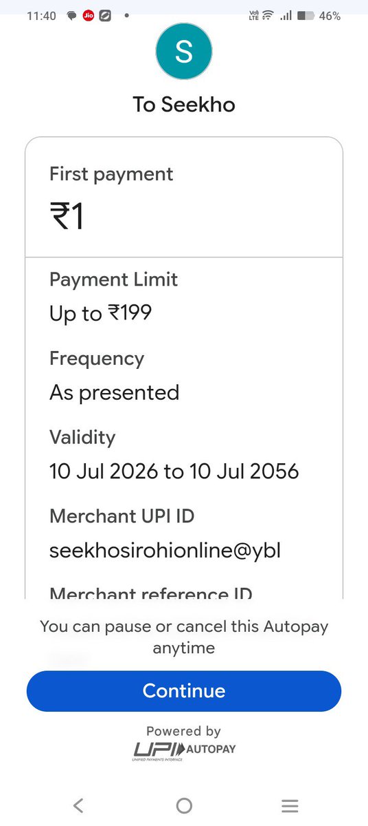 krish_manu2009's tweet photo. @PhonePeSupport @seekhoapp @RBI @nch1915 @jagograhakjago @khurpenchh @NPCI_NPCI @UPI_NPCI I tested the checkout gate for a ₹1 trial on @seekhoapp using both @GooglePayIndia and @PhonePe side-by-side, and the contrast is clear. GPay transparently exposes the truth: a 30-YEAR AUTOPAY MANDATE valid until 2056 with an unrestricted frequency of "As presented / On demand". https://t.co/jlakjI0eP7
