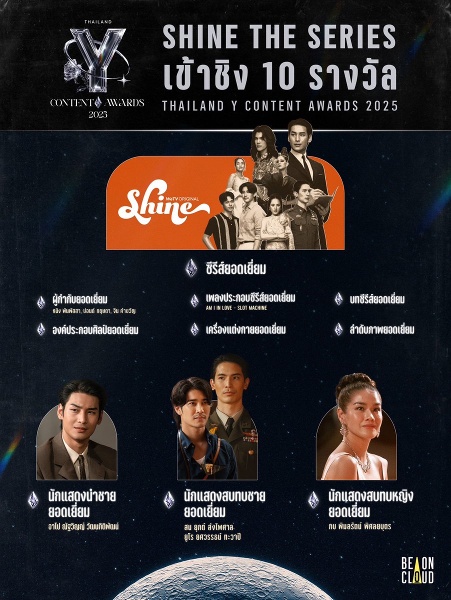 Shine_TheSeries's tweet photo. ซีรีส์เรื่อง Shine ผลิตโดยบริษัท บี ออน คลาวด์ จำกัด ออกอากาศทางแอปพลิเคชัน WeTV และช่อง 7HD ได้รับการเสนอชื่อเข้าชิง 10 สาขารางวัล จากงานประกาศรางวัล Thailand Y Content Awards 2025 โดยเข้าชิงสาขารางวัลดังต่อไปนี้

• สาขา ซีรีส์ยอดเยี่ยม

• สาขา องค์ประกอบศิลป์ยอดเยี่ยม

• สาขา บทซีรีส์ยอดเยี่ยม

• สาขา ลำดับภาพยอดเยี่ยม

• สาขา เครื่องแต่งกายยอดเยี่ยม

• สาขา นักแสดงนำชายยอดเยี่ยม
⭐️ อาโป ณัฐวิญญ์ วัฒนกิติพัฒน์

• สาขา นักแสดงสบทบชายยอดเยี่ยม
⭐️ สน ยุกต์ ส่งไพศาล และ ยูโร ยศวรรธน์ ทะวาปี

• สาขา นักแสดงสบทบหญิงยอดเยี่ยม
⭐️ กบ พิมลรัตน์ พิศลยบุตร

• สาขา ผู้กำกับยอดเยี่ยม
⭐️ หนิง พันพัสสา, ปอนด์ กฤษดา, จีน คำขวัญ

• สาขา เพลงประกอบซีรีส์ยอดเยี่ยม
⭐️ “Am I in Love” – Slot Machine

ขอขอบคุณ สมาคมส่งเสริมคอนเทนต์วายไทย ที่ให้เกียรติ #ShineTheSeries ร่วมเข้าชิงรางวัลในงานประกาศรางวัลเพื่อเชิดชูเกียรติและยกระดับบุคลากรในอุตสาหกรรมคอนเทนต์วายไทยที่สุดยิ่งใหญ่ในครั้งนี้ค่ะ

#ThailandYContentAwards2025
#BeOnCloud