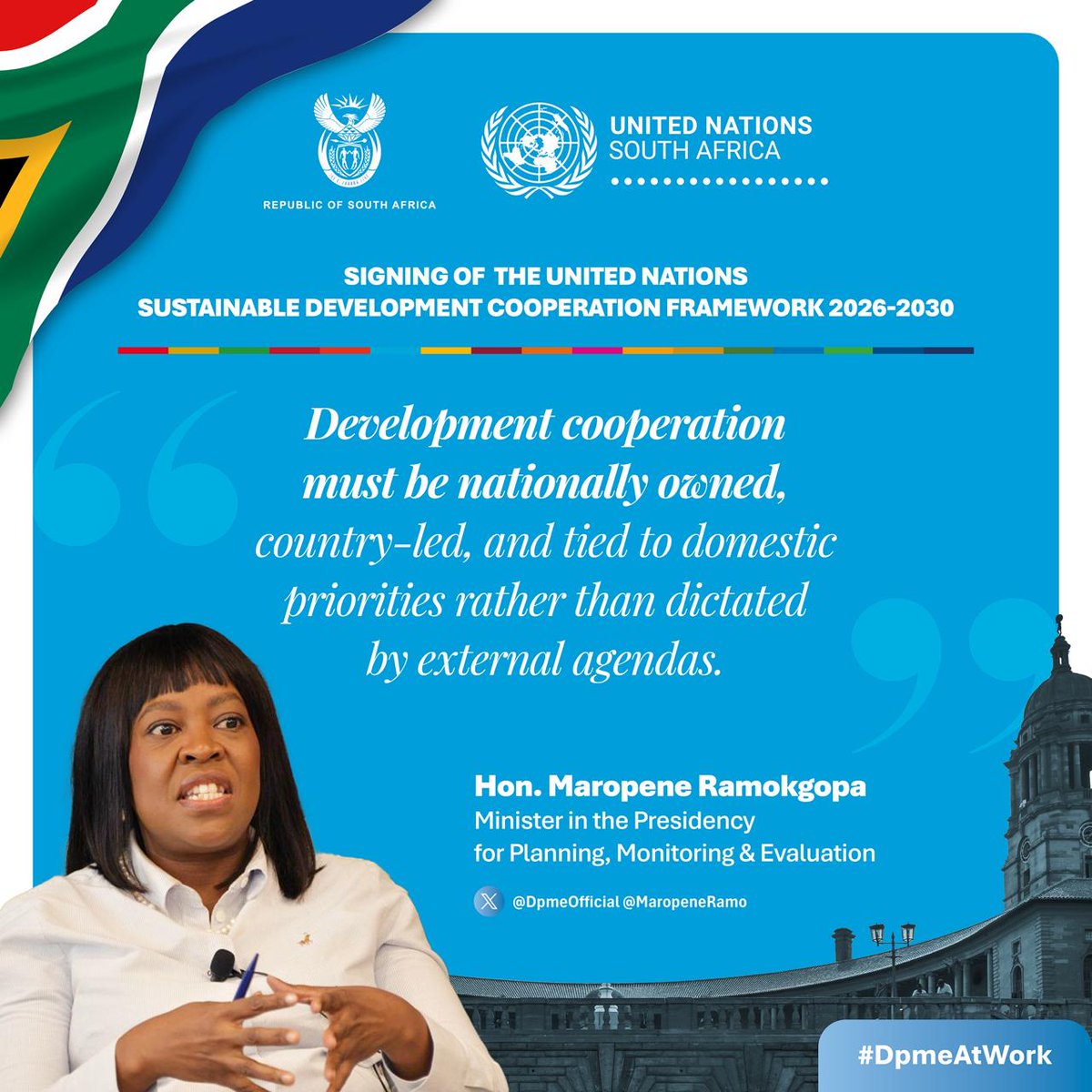 DpmeOfficial's tweet photo. 🗣️ SIGNING OF THE #UNSDCF | SPEECH HIGHLIGHT
_Development cooperation must be nationally owned, country-led, and tied to domestic priorities rather than dictated by external agendas.”_
-Hon. @MaropeneRamo
@GovernmentZA
@UN
#DPMEAtWork https://t.co/rHZJozikdc