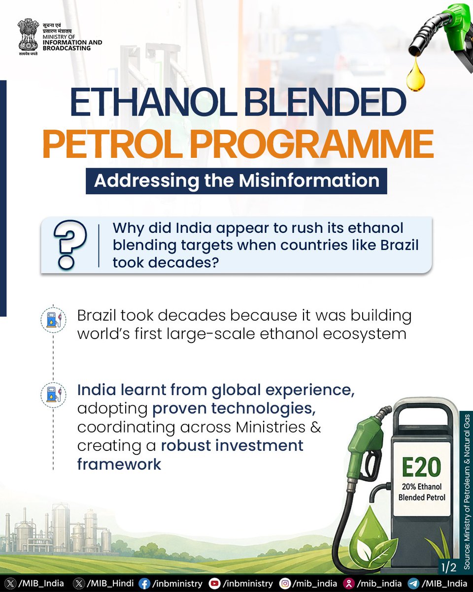 MIB_India's tweet photo. India's ethanol blending programme is not an overnight decision. It has a long institutional history and milestones. 

India had the advantage of learning from global experience, adopting proven technologies, coordinating across Ministries and creating a robust investment framework. 

Read more: https://t.co/3chciPSq1c

#EthanolBlending #E20