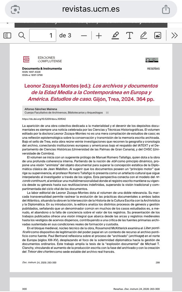 LeonorZozaya's tweet photo. 📕La revista ‘Documenta et Instrumenta’, 24 (2026, pp. 299-301) publica la reseña escrita por Alfonso Sánchez Mairena sobre el libro que coordiné: 'Los #archivos y #documentos de la #EdadMedia a la Contemporánea…' (#Trea, 2024), ¡léela entera en el 🔗!

https://t.co/l0XH2TFk3o https://t.co/QaUJ7Wquu4