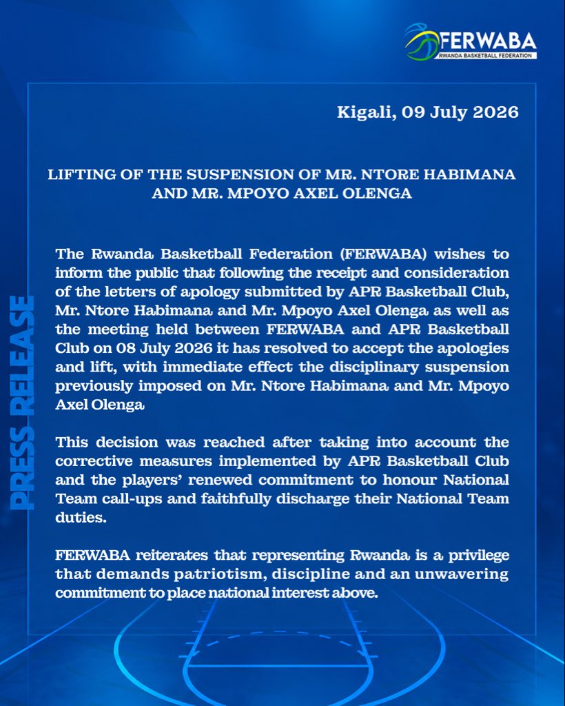 ferwabaRW's tweet photo. FERWABA announces the lifting of the suspension of Mr. Ntore Habimana and Mr. Mpoyo Axel Olenga, effective immediately. https://t.co/HK7YTyFW5Q