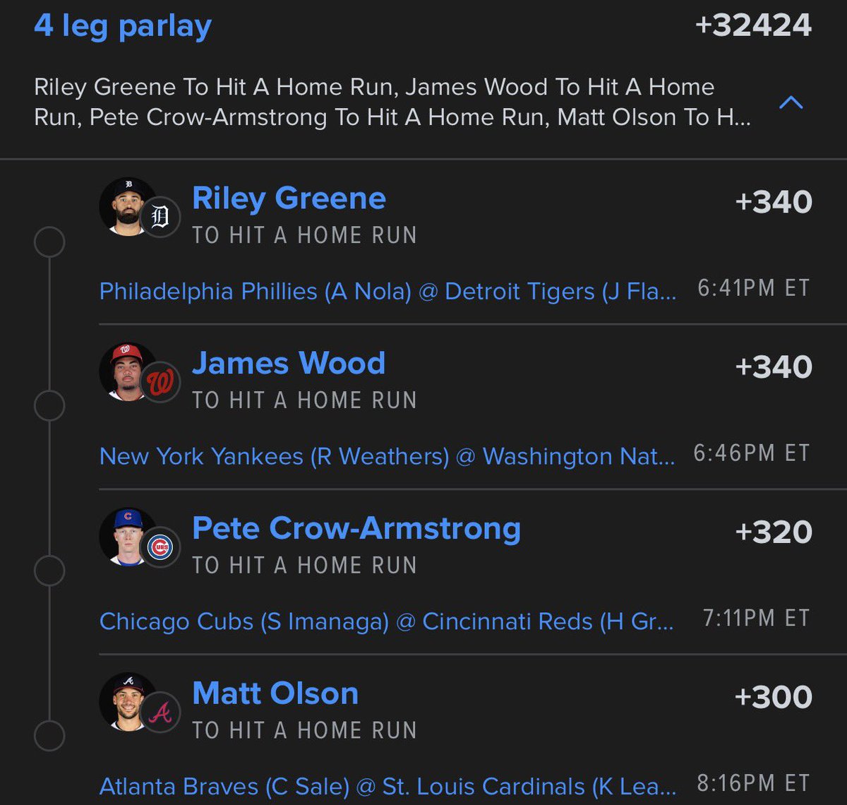 sliptogreen's tweet photo. Locked in an absolute monster +32424 MLB 4-leg home run parlay for tonight's games! 💣⚾️

Get access to our exclusive VIP picks today by clicking the link in my bio!

#SportsBetting #MLB #VIPicks #GamblingX #Parlay @Playbook https://t.co/zdl16Qg6Nc